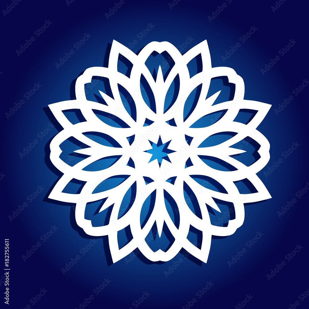 Snowflake for laser cutting. Vector silhouette on blue background. Lacy ornament. Snowflake for laser cutting. Vector silhouette on blue background. Lacy ornament.