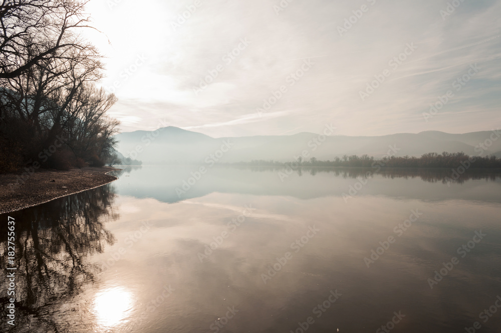 Danube dreamy landscape, autumn blue magical water riverside
