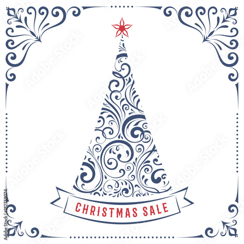 Square Winter Holiday Sale banner with ornate Christmas Tree and swirl frame. 