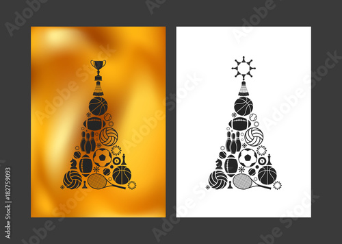 Merry Christmas and Happy New Year. Unusual Christmas tree. Greeting card for sportsmen 