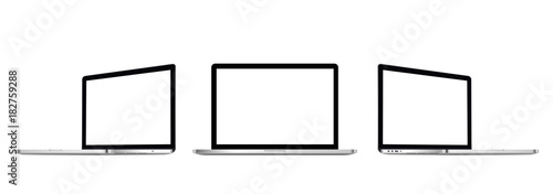 Three laptop with blank screen on white background - stock vector.