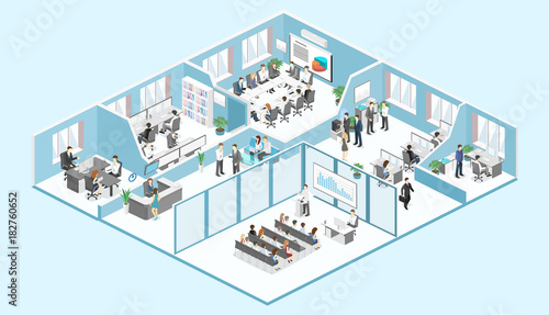 Isometric interior departments concept vector. conference hall, offices, workplaces