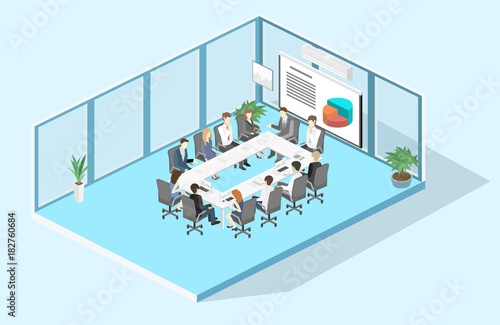 Business meeting in an office Business presentation meeting Isometric interior