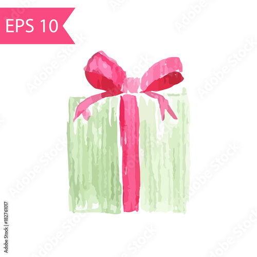Wrapped gift with red ribbon. Watercolor vector illustration of gift isolated on white background.