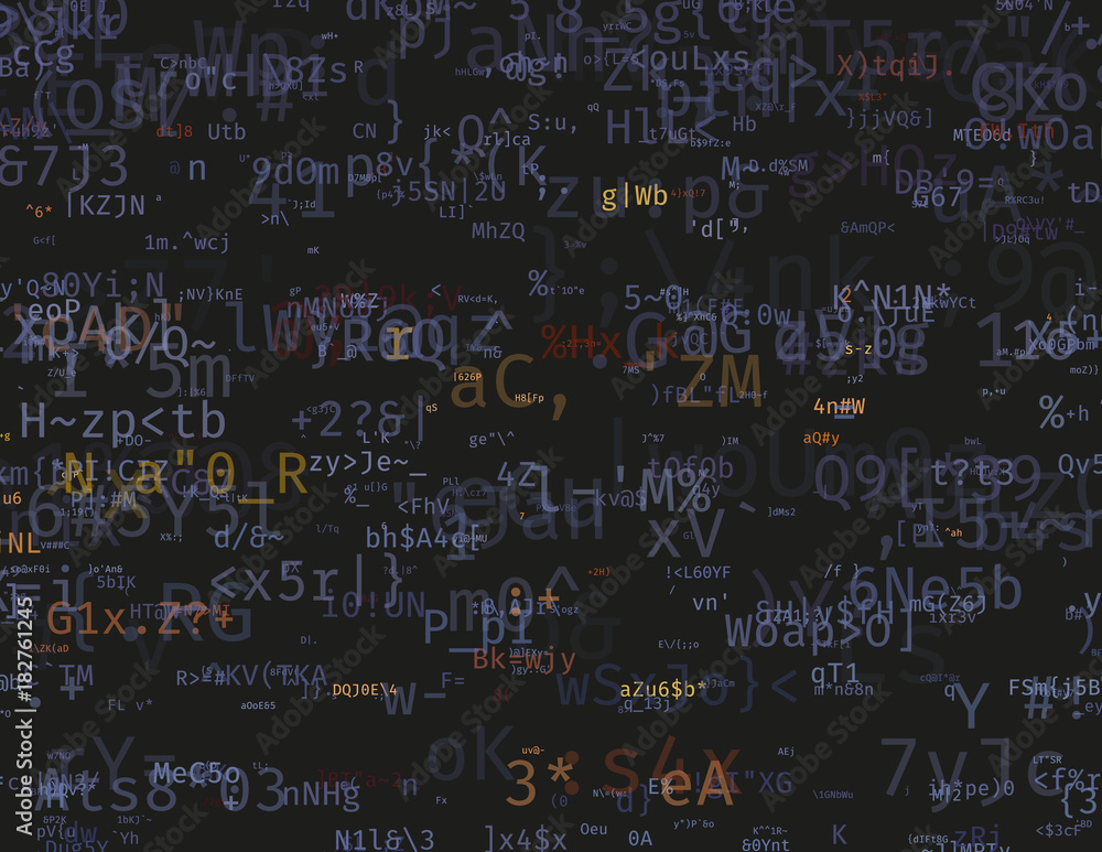 Modern vector illustration with array of symbols. Abstract ascii glitch background. Flow of encrypted data. Brute force hacking of a private network. Random signal error. Element of design. Modern vector illustration with array of symbols. Abstract ascii glitch background. Flow of encrypted data. Brute force hacking of a private network. Random signal error. Element of design.