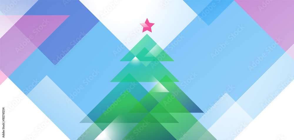 New Year greeting card design with christmas tree of diagonal vector shapes colored. Illustrative background template