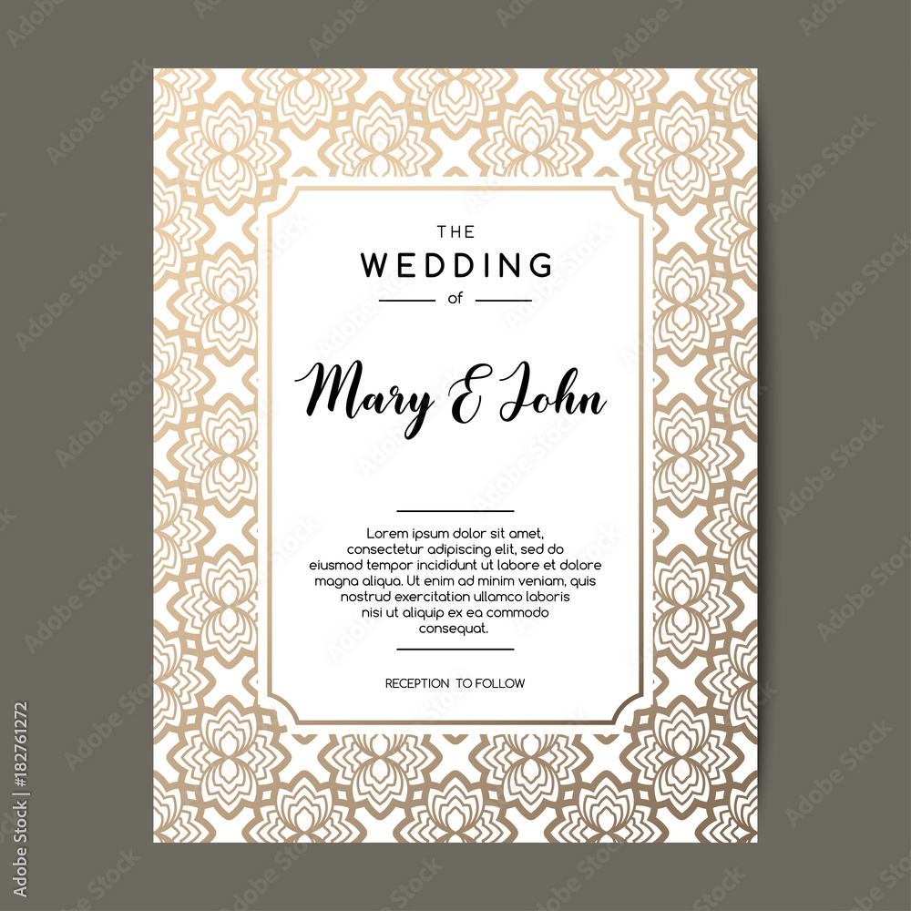 Elegant wedding invitation background. Card design with gold floral  ornament. Vector decorative template. Stock Vector | Adobe Stock