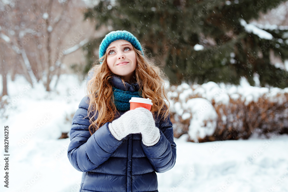 Winter walk in the park or the wood. The young beautiful girl the blonde with blue eyes in a warm cap and a down-padded coat.There is snowfall. Winter walk in the park or the wood. The young beautiful girl the blonde with blue eyes in a warm cap and a down-padded coat.There is snowfall.