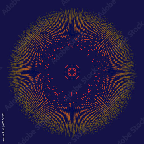 Colorful linear futuristic sphere. Modern vector illustration with round geometric shape. Contemporary cybernetic abstract background with exploding 3d object. Element of design.