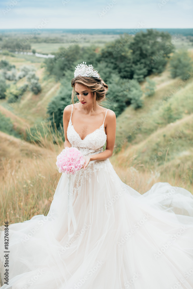 Portrait of a young beautiful bride on a background of a gorgeous view of the river and fields.