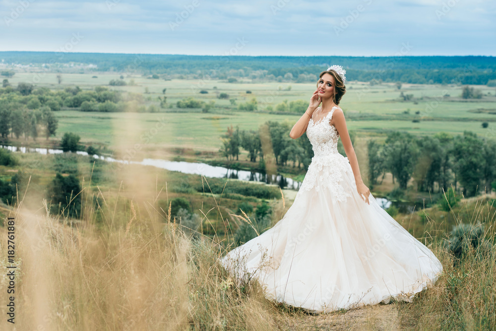 Portrait of a young beautiful bride on a background of a gorgeous view of the river and fields.