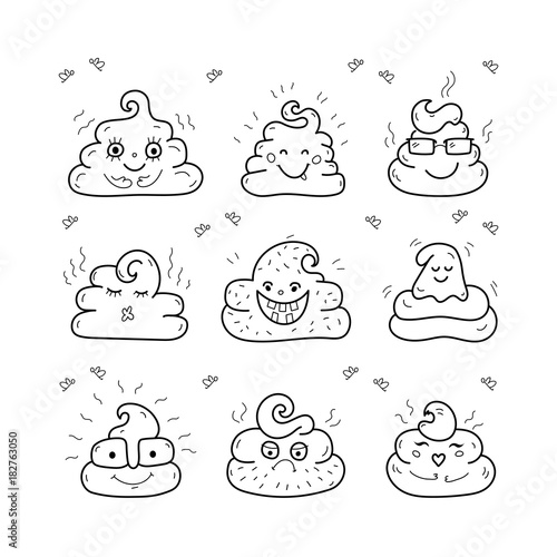 Poop emoji face icons, crap signs, cartoon shit. Vector unique hand drawn style, smiling poop faces