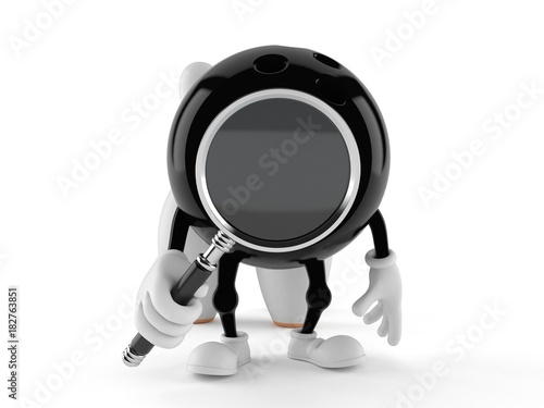 Bowling character holding magnifying glass