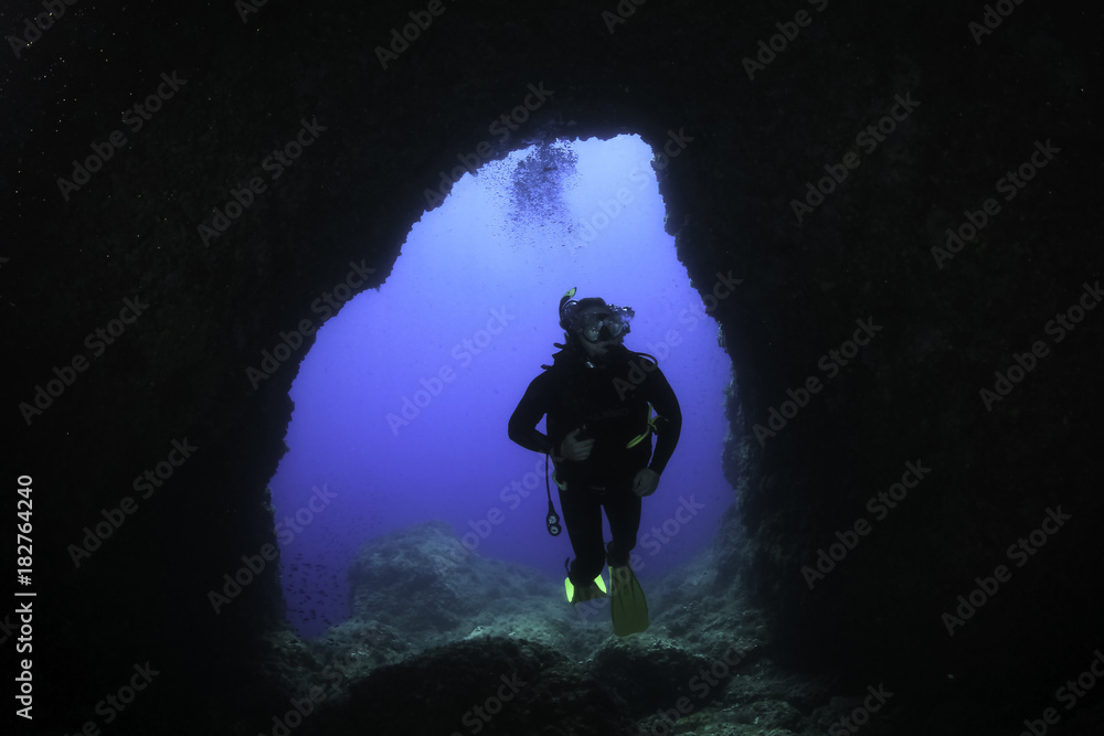 Diving in underwater cave - Majorca, Spain