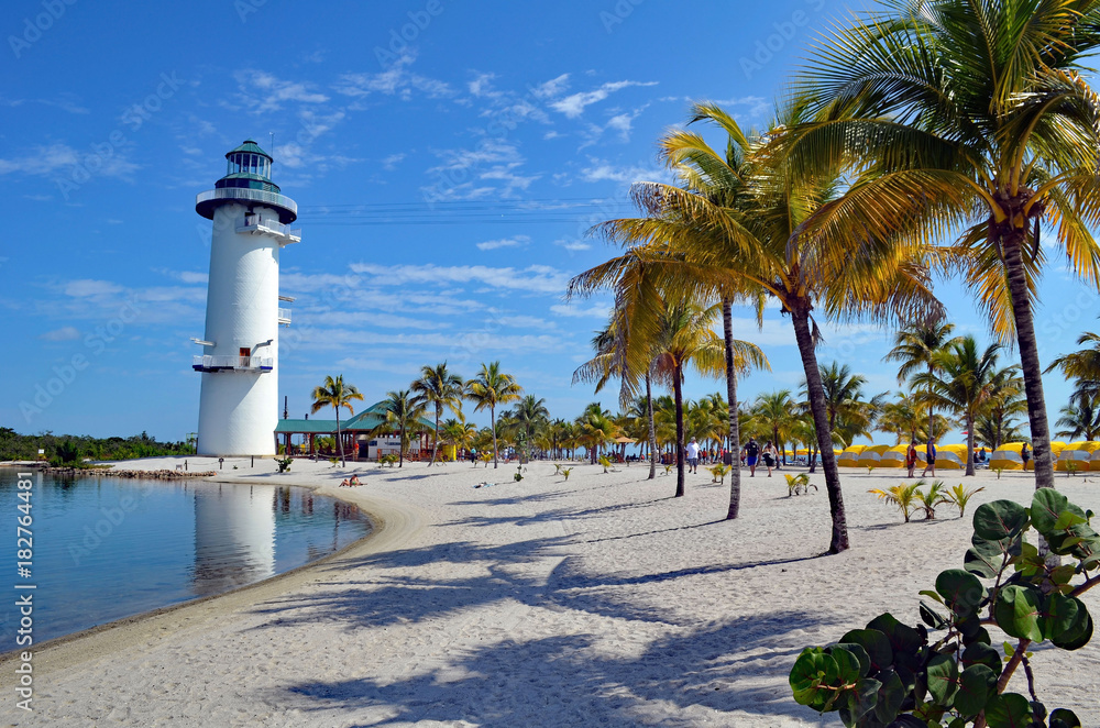 View of a tropical beach with palm trees and a zip line tower resembling a lighthouse on an island leased by a cruise ship line off the coast of Belize View of a tropical beach with palm trees and a zip line tower resembling a lighthouse on an island leased by a cruise ship line off the coast of Belize