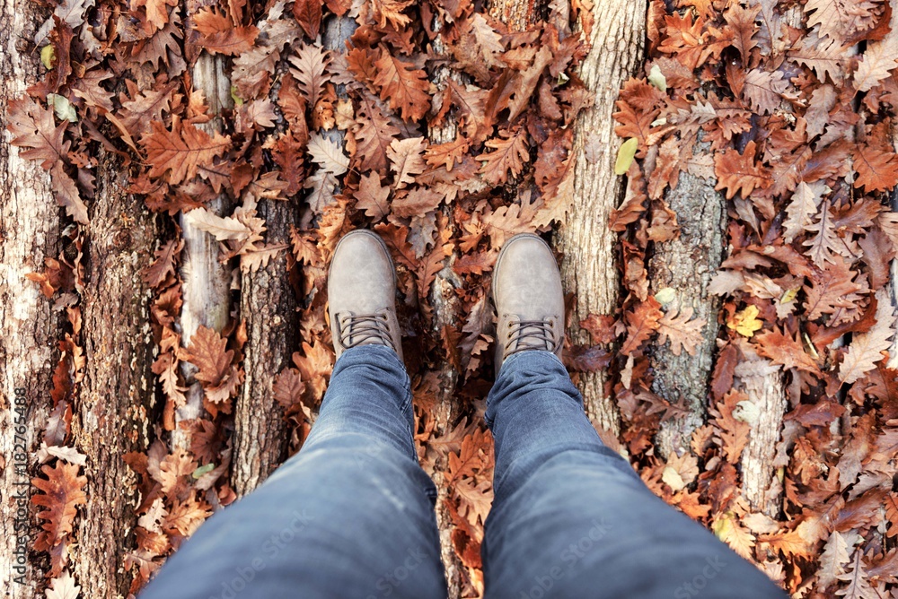 Obraz premium top perspective of man legs with blue jeans pants and green winter boots standing on wooden bridge with fallen orange autumn leaves.