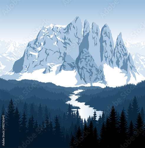 vector morning in beautiful mountains forest with river