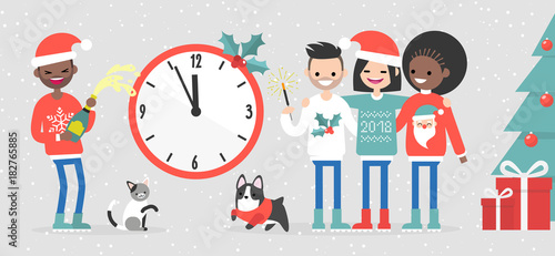 A group of interracial friends celebrating the New Year. Big wall clock showing midnight. People and pets. Snowflakes. Xmas sweaters. Flat editable vector illustration, clip art