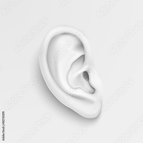 Vector black and white background with realistic human ear closeup. Design template of body part, human organ for web, app, posters, infographics etc photo