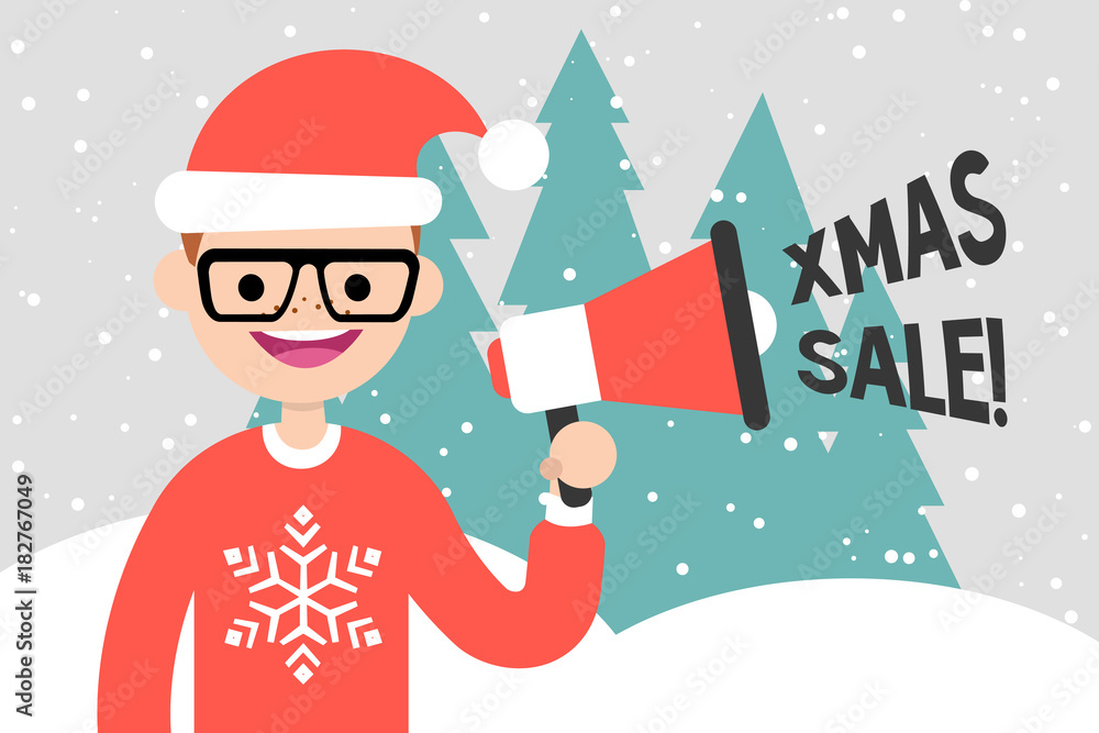 Christmas sale. Special offer. Marketing activity. Young character holding a megaphone. Seasonal discounts. Flat editable vector illustration, clip art Christmas sale. Special offer. Marketing activity. Young character holding a megaphone. Seasonal discounts. Flat editable vector illustration, clip art