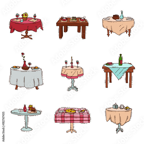 Dining tables in restaurant vector set lunch dinner date in cafe with glasses of wine Italian pizza Chineese food Oriental cuisine illustration isolated on white background