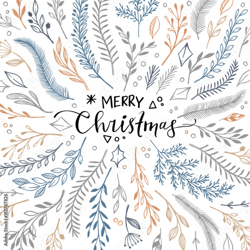 Hand drawn vector illustration - winter frame with floral elements. Christmas cards in sketch style. Perfect for invitations, greeting cards, quotes, blogs, Wedding Frames, posters