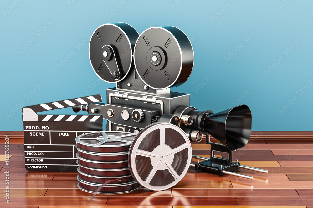 Cinema concept. Clapperboard with film reels and movie camera on the wooden  floor, 3D rendering Stock Illustration