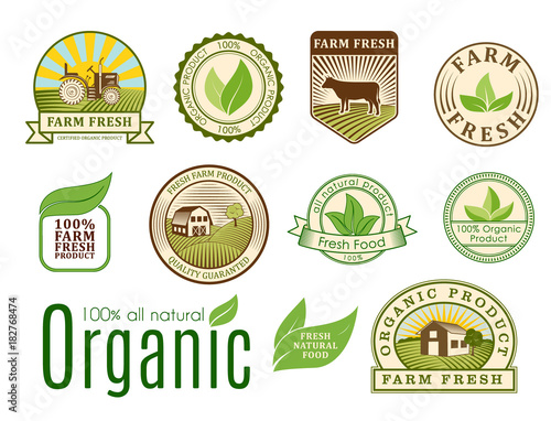 Organic vegan vector logo labels healthy food eco restaurant logo badges nature diet product illustration