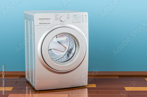 Modern washing machine in room on the wooden floor, 3D rendering
