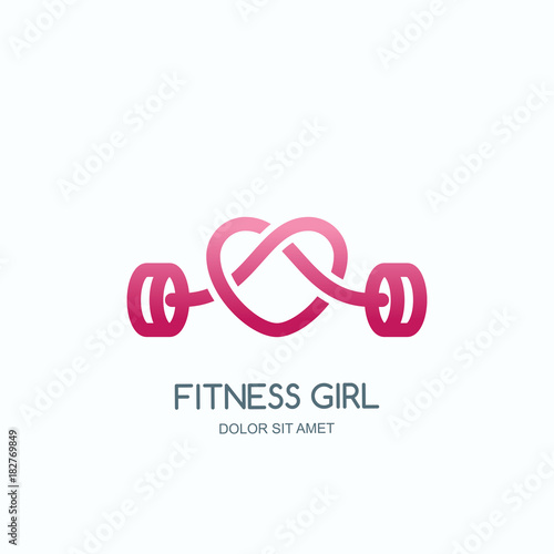 Female fitness gym concept. Vector logo, label, icon or emblem with pink barbell heart shape. Design for woman sports club, workout and bodybuilding.