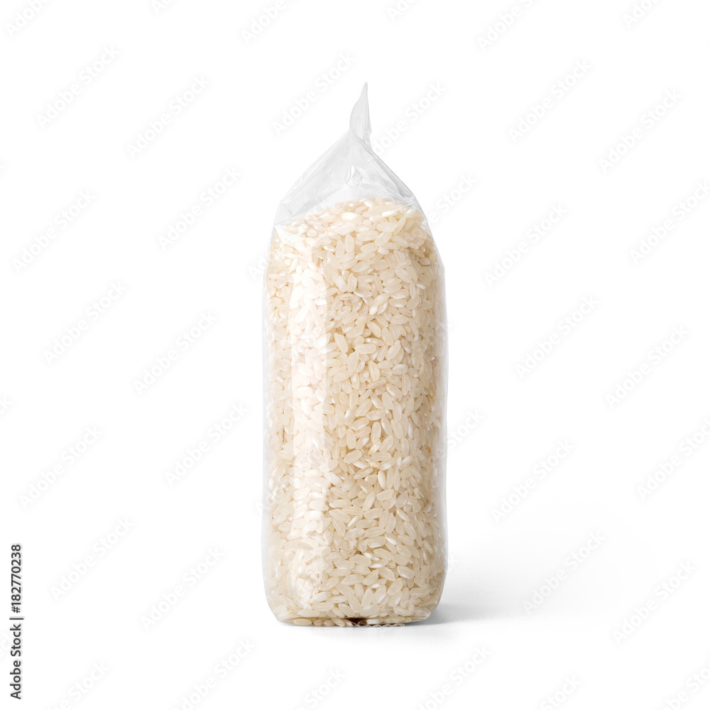 Rice in transparent plastic bag isolated on white background. Packaging ...