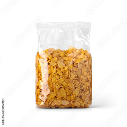 Corn flakes in transparent plastic bag isolated on white background. Packaging template mockup collection. With clipping Path included. Stand-up Front view.