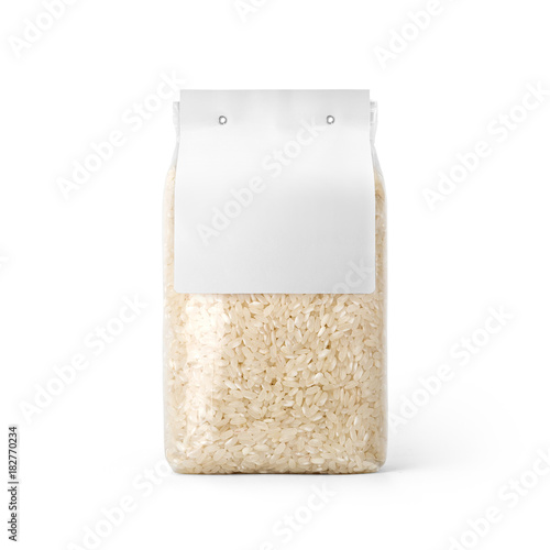 Rice in transparent plastic bag with white label isolated on white background. Packaging template mockup collection. With clipping Path included. Stand-up Front view.