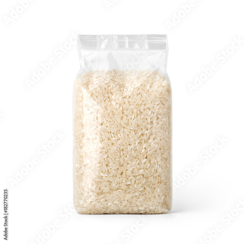 Rice in transparent plastic bag isolated on white background. Packaging template mockup collection. With clipping Path included. Stand-up Front view.