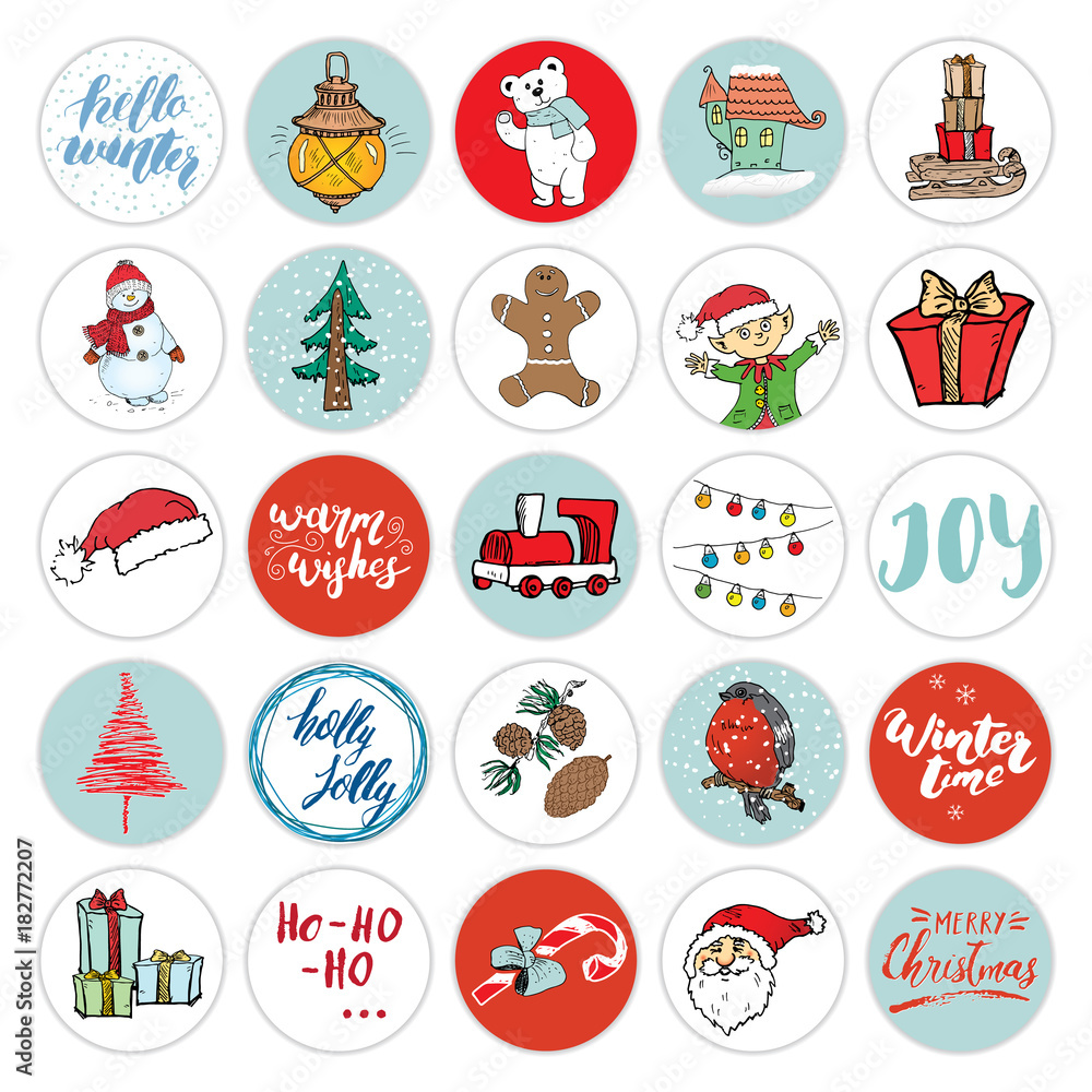 Christmas icons set. Hand drawn elements Winter holidays icons design set. Vector illustration