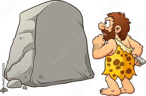 Caveman looking at a large rock and thinking. Vector clip art illustration with simple gradients. Rock and caveman on separate layers for easy editing.
