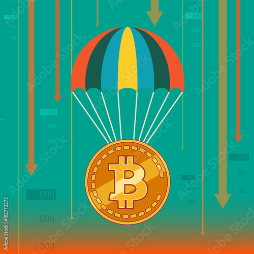 bitcoin rate falls. coin bitcoin descends on a parachute. depreciation