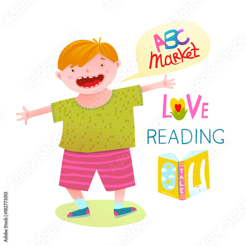 Brightly colored vivid cartoon for kids of a boy with book. Vector illustration.  photo