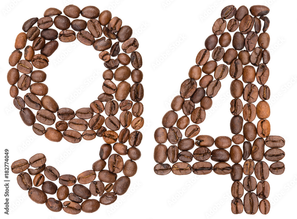Arabic numeral 94, ninety four, from coffee beans, isolated on white background Arabic numeral 94, ninety four, from coffee beans, isolated on white background