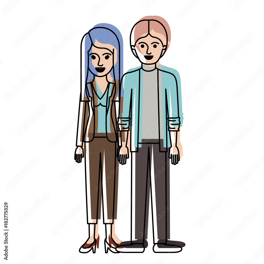couple in watercolor silhouette and her with blouse and jacket and pants and heel shoes with layered hair and him with shirt and jacket and pants and shoes with middle part hairstyle vector couple in watercolor silhouette and her with blouse and jacket and pants and heel shoes with layered hair and him with shirt and jacket and pants and shoes with middle part hairstyle vector