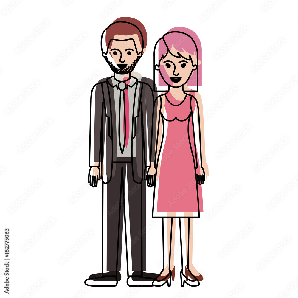 couple in watercolor silhouette and him with suit and tie and pants and shoes with short hair and stubble beard and her with dress and heel shoes with mid length hair vector illustration couple in watercolor silhouette and him with suit and tie and pants and shoes with short hair and stubble beard and her with dress and heel shoes with mid length hair vector illustration