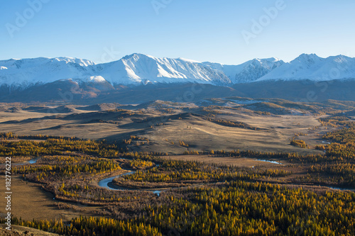 Panoramic view of the mountains of Altai-Chuya ridge, Siberia, Russia.