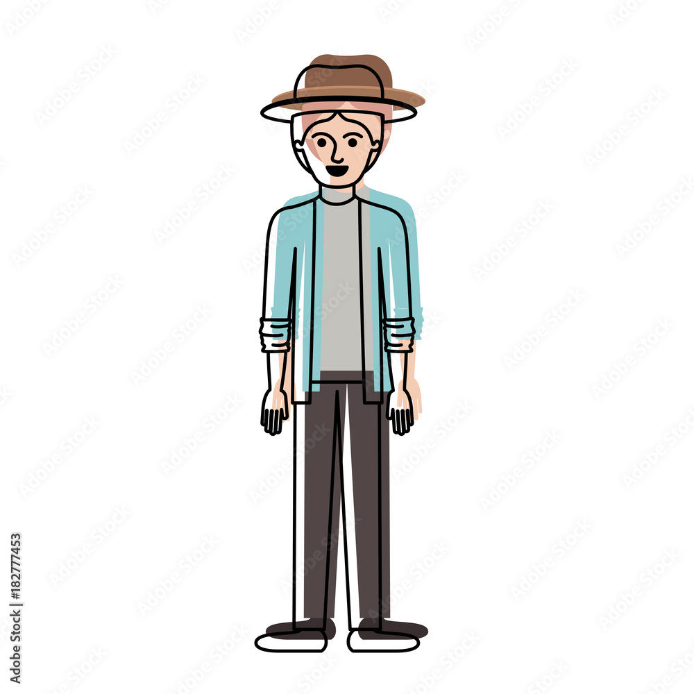 man with hat and jacket and pants and shoes with short hair in watercolor silhouette vector illustration