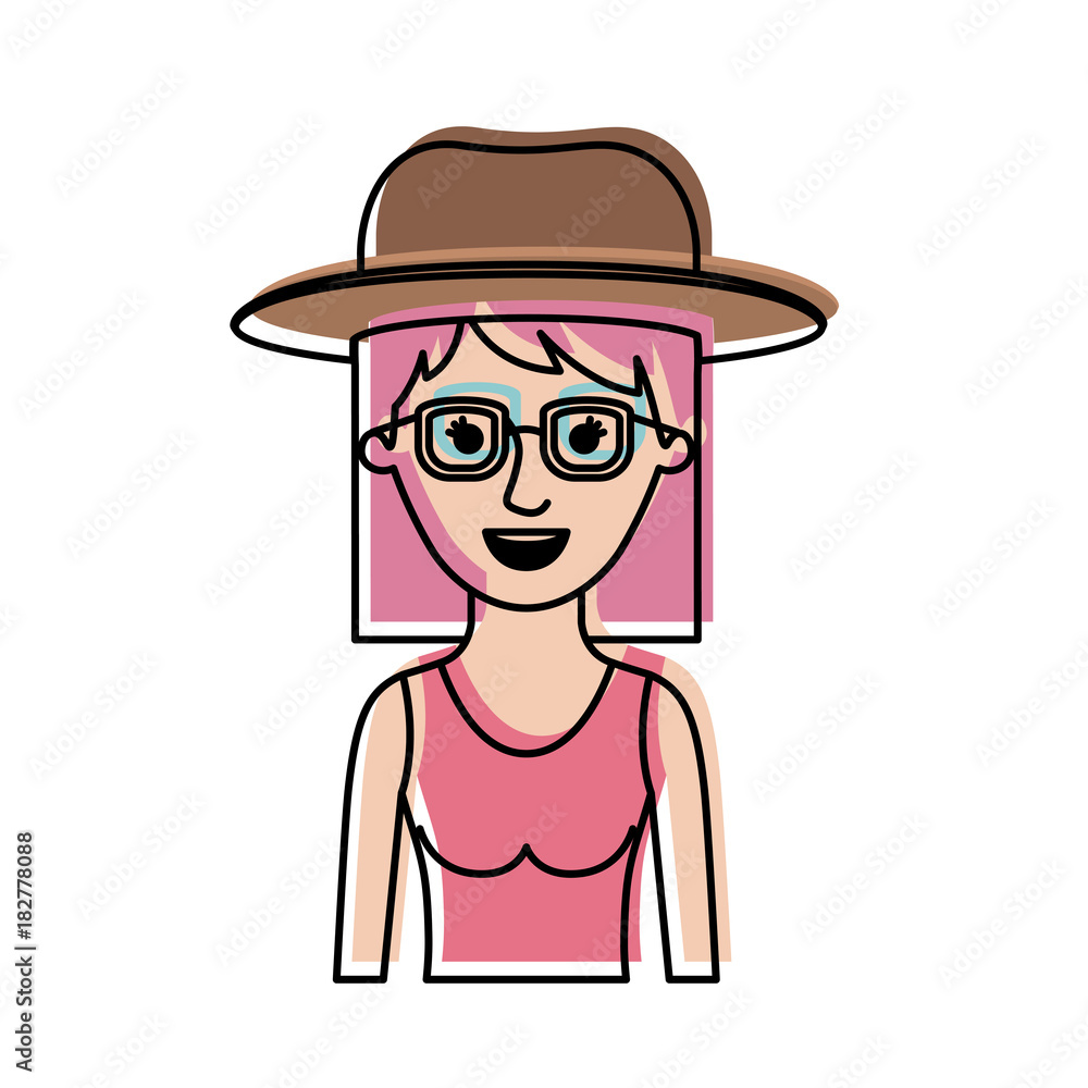 woman half body with hat and glasses and dress with mid length hair in watercolor silhouette vector illustration
