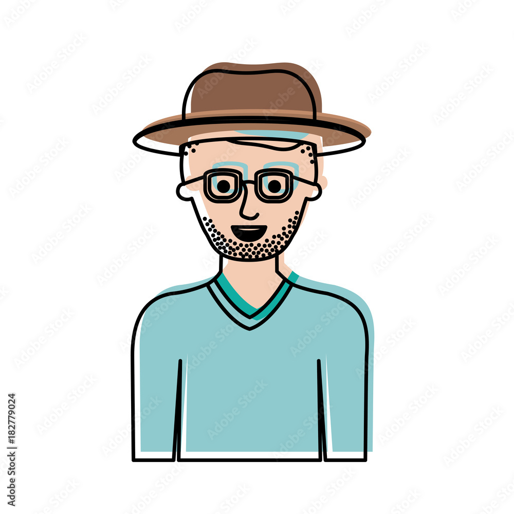 man half body with hat and glasses and sweater with short hair and stubble beard in watercolor silhouette vector illustration
