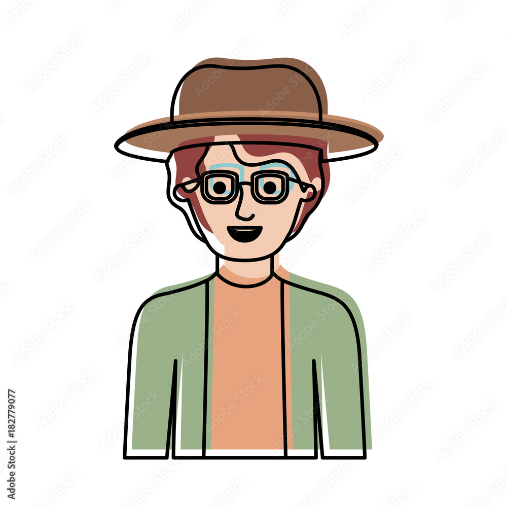 man half body with hat and glasses and shirt with jacket with short wavy hair in watercolor silhouette vector illustration