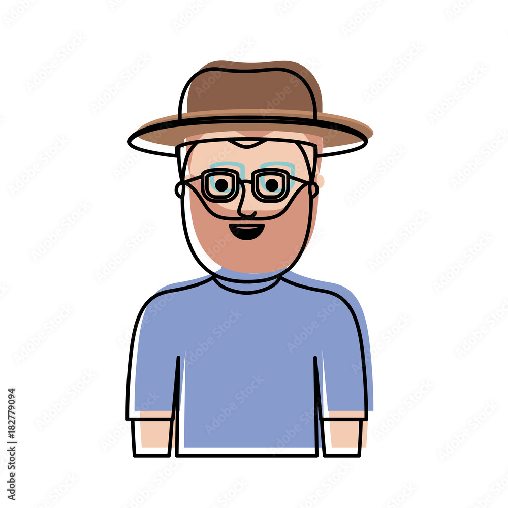 man half body with hat and glasses and t-shirt with full beard in watercolor silhouette vector illustration man half body with hat and glasses and t-shirt with full beard in watercolor silhouette vector illustration