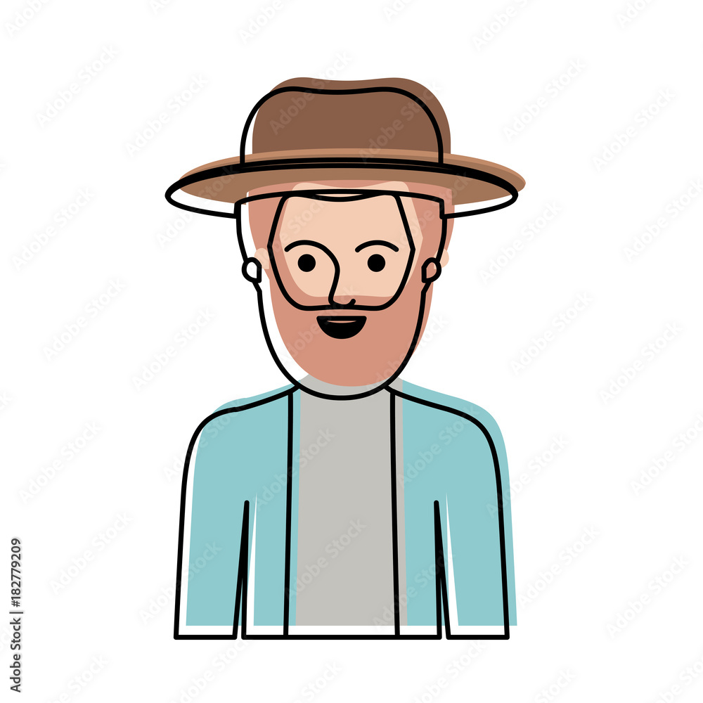 man half body with hat and jacket with short hair and beard in watercolor silhouette vector illustration man half body with hat and jacket with short hair and beard in watercolor silhouette vector illustration