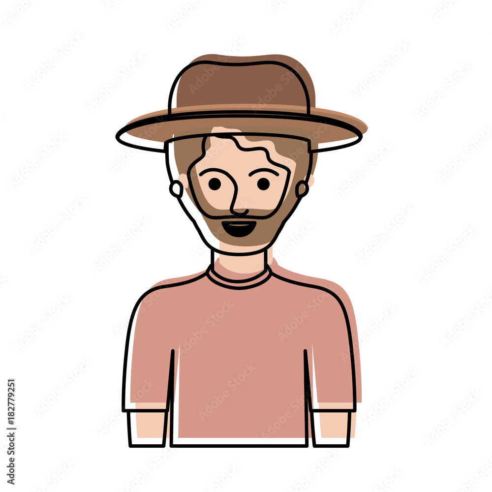 man half body with hat and t-shirt with short hair and beard in watercolor silhouette vector illustration man half body with hat and t-shirt with short hair and beard in watercolor silhouette vector illustration