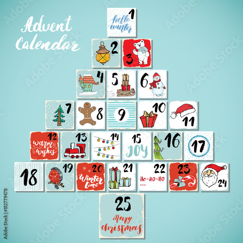 Christmas advent calendar. Hand drawn elements and numbers. Winter holidays calendar cards set design, Vector illustration